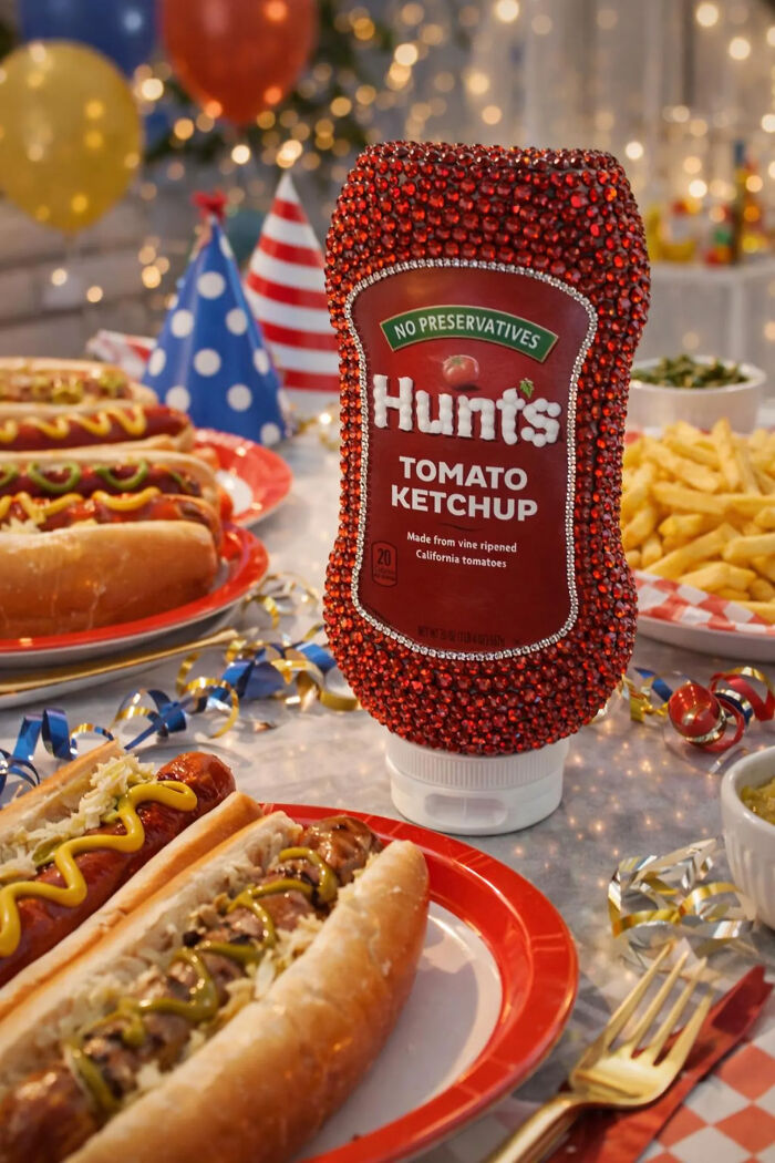 A large Hunt's Ketchup bottle covered in red rhinestones, surrounded by hot dogs and fries at a party.