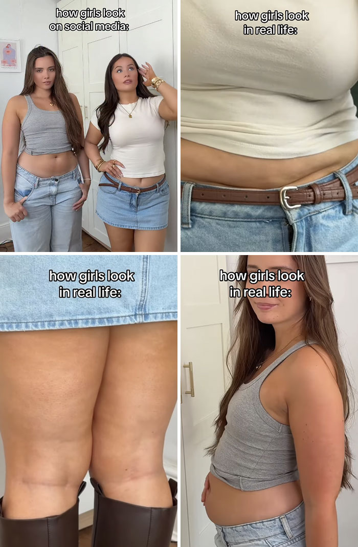 Influencers exposing Instagram vs reality scenarios with posts for body positivity, showing natural bodies.
