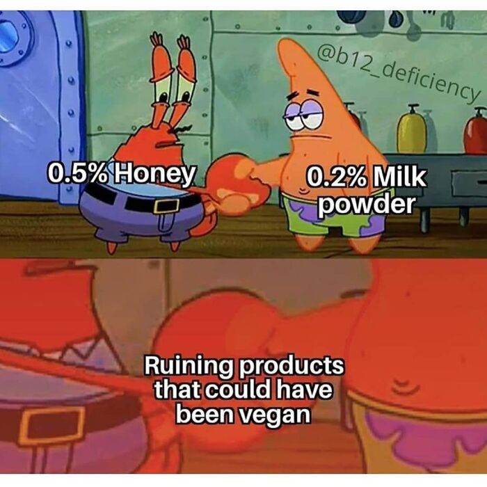 Hilarious vegan meme from Spongebob, humorously showing how honey and milk powder ruin vegan products.