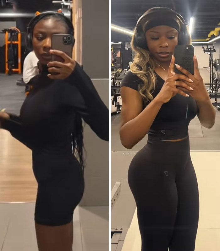 A woman displaying an empowering weight gain transformation, with visible progress and expert tips.