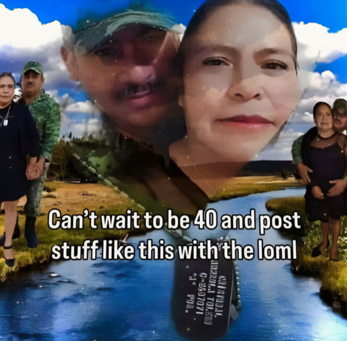 A cringe meme showing a couple in various photos with a wish to post "stuff like this with the loml" at age 40.