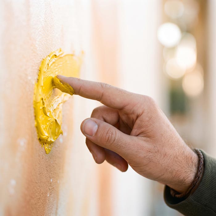 A hand smears yellow paint on a surface, showcasing unhygienic behavior.
