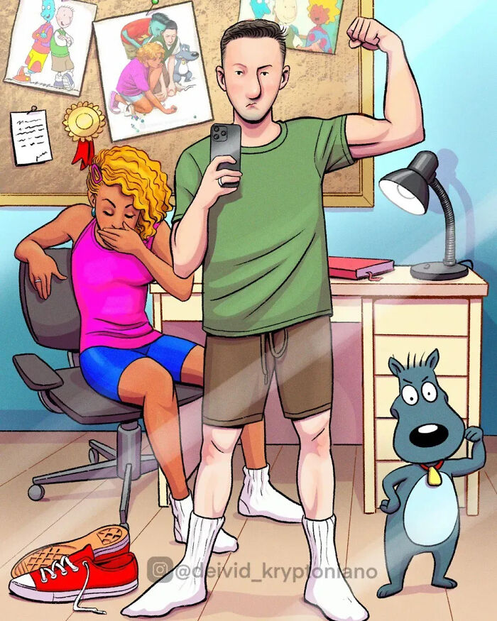 Artist reimagined Doug Funnie as an adult, flexing for a selfie, while Patti Mayonnaise is seated nearby. Focus on adult Doug.