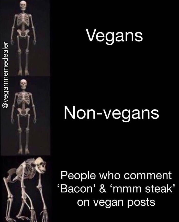 A humorous meme comparing skeletons of vegans, non-vegans, and those who comment bacon on vegan posts, showing vegan humor.