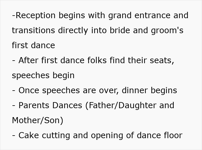 Screenshot of a wedding timeline including reception, first dance, speeches, dinner, parent dances, cake, and dance floor.