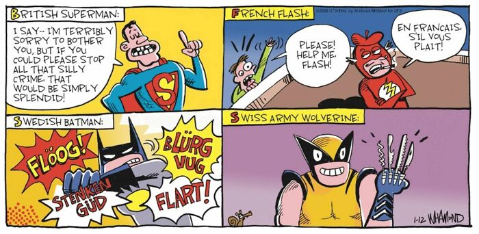 Dave Whamond comic with humorous twists on pop culture icons like British Superman, French Flash, Swedish Batman, and Swiss Army Wolverine.