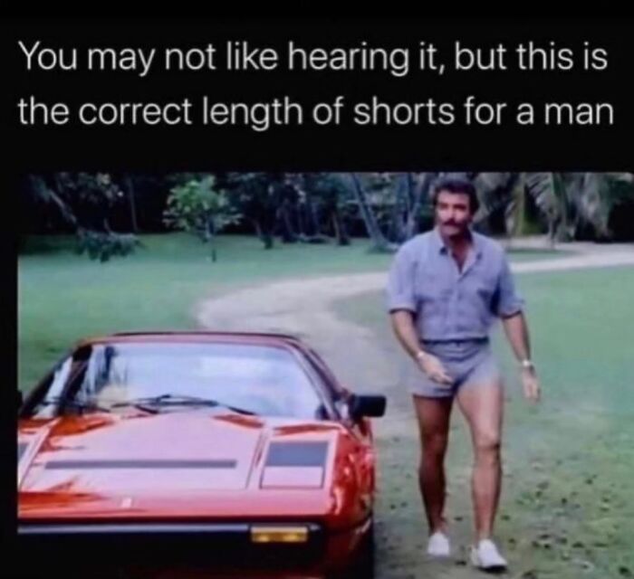 A man in short shorts next to a red car, a meme highlighting superior decades of the 80s and 90s.