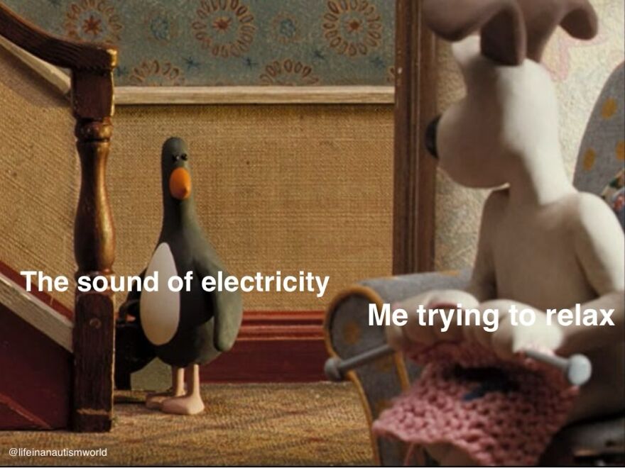 A meme for autistic people showing a penguin as the sound of electricity and a dog trying to relax.