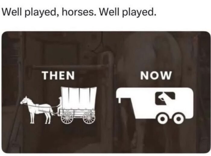 A relatable meme contrasting a horse pulling a wagon then and a horse in a trailer now, boosting morale.
