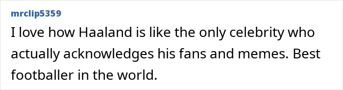 Image of a fan comment praising Erling Haaland for acknowledging fans and memes.