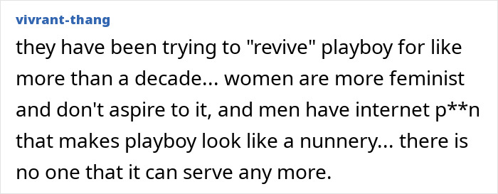 Screenshot of a comment discussing Playboy's rebranding and the difficulty in reviving the brand. Screenshot of a comment discussing Playboy's rebranding and the difficulty in reviving the brand.