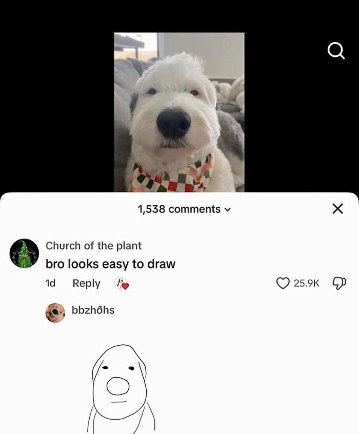 A relatable meme showing a dog and a simple drawing of it, with a comment saying 'bro looks easy to draw'.