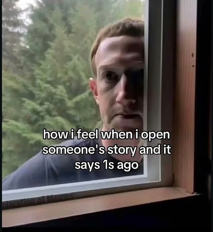 Mark Zuckerberg peering through a window with relatable text about viewing stories as entertaining memes.