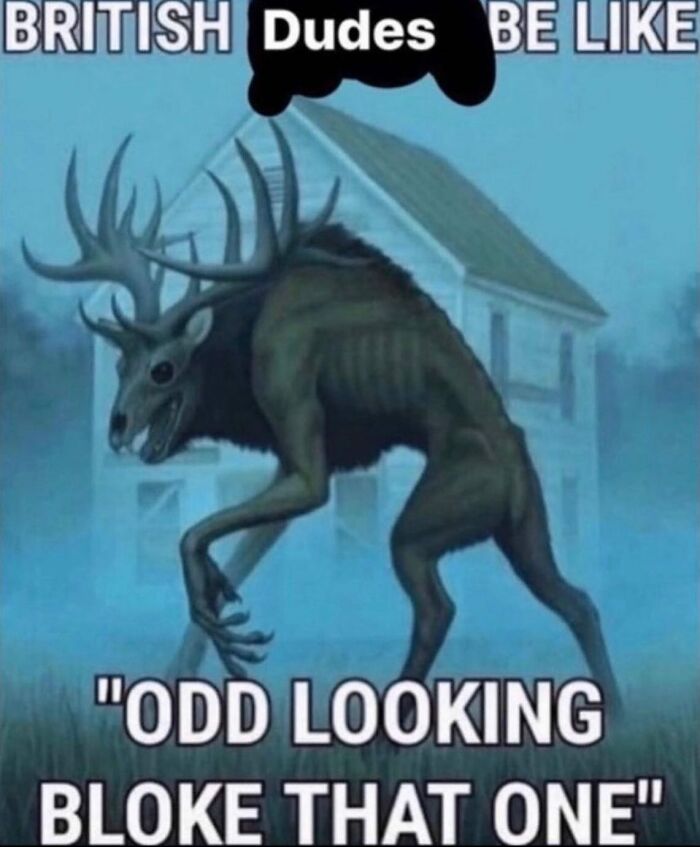 A weird meme of a creepy, gaunt deer-like creature in front of a house, captioned about British dudes finding it odd.