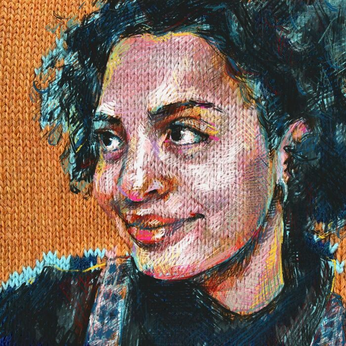 A cheerful modern art portrait of a smiling woman, made with traditional knitting and bright, engaging colors.
