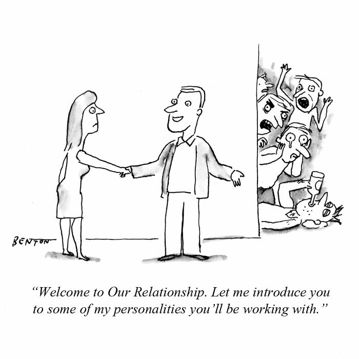 A New Yorker cartoon: A man introduces a woman to his many chaotic personalities. Captures everyday absurdity.