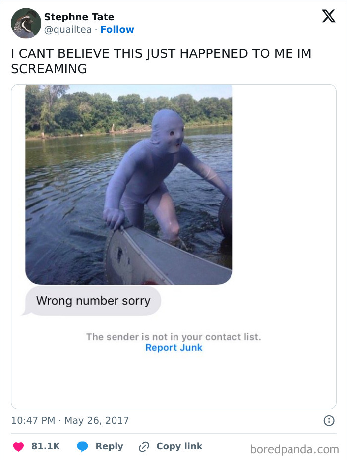 A screenshot of a Twitter post showing a person in a full-body light blue suit in water, with a wrong number text message.