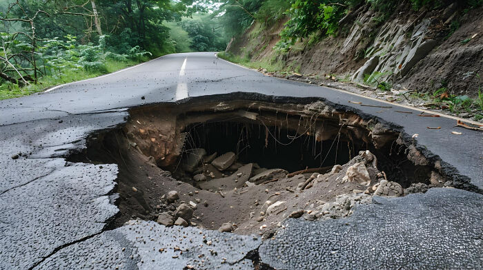 A massive sinkhole on a paved road, representing a situation where intuition about safety is crucial.