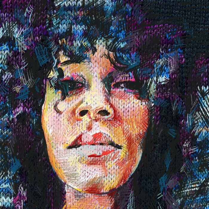 An expressive modern art portrait of a woman with voluminous dark hair, utilizing traditional knitting and abstract colors.