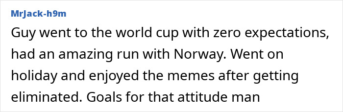 A social media comment praising Haaland for enjoying memes after the World Cup, responding to internet memes.