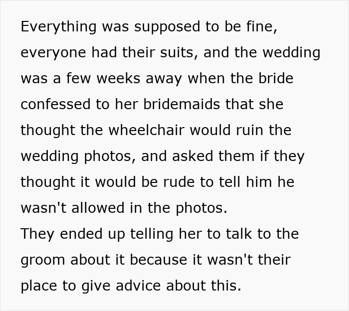 Screenshot of text where the bride confesses her concerns about the wheelchair ruining wedding photos, underscoring her twisted values and questioning the groom's future.