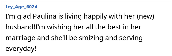 A comment praising Paulina's happy marriage, living happily with her new husband. Paulina gets married at 61.