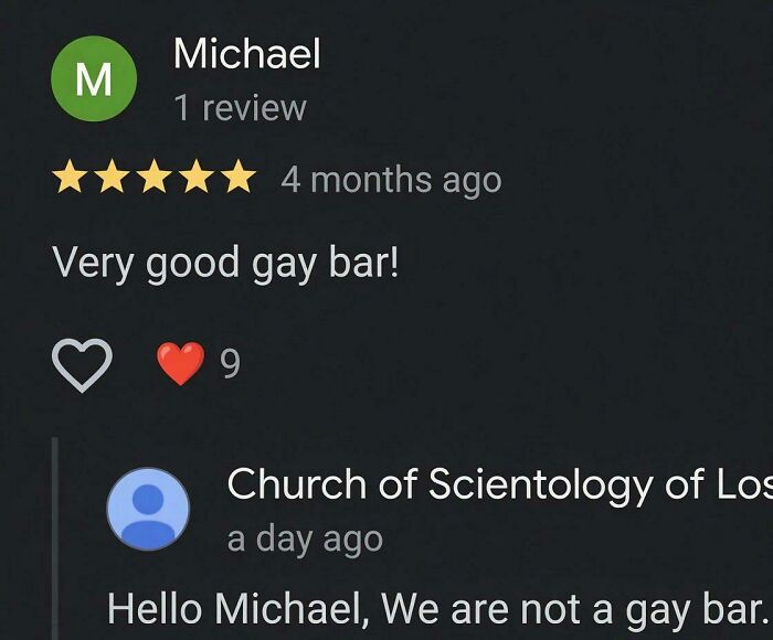 A random meme displaying a Google review for a gay bar, which is actually the Church of Scientology.