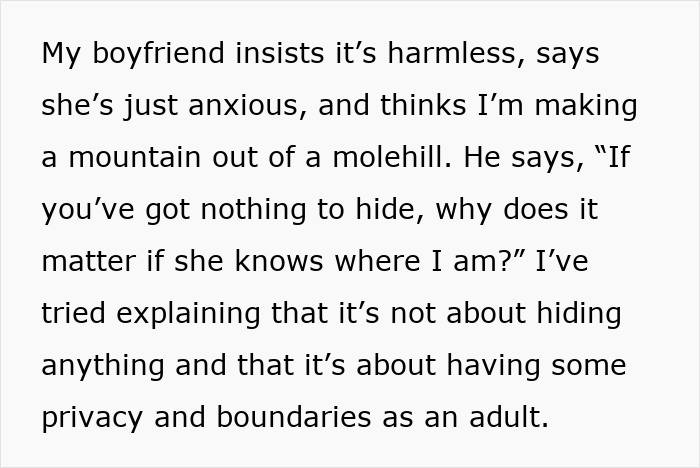 Text snippet: Son defends his mother's location tracking, claiming it's harmless and about anxiety.