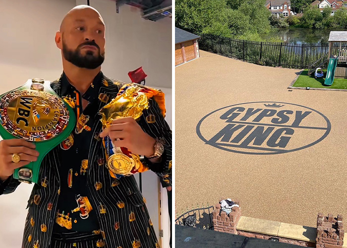 Tyson Fury holding boxing belts, alongside a driveway with 'G***Y KING' logo, showing celeb home branding that may devalue properties. Tyson Fury holding boxing belts, alongside a driveway with 'G***Y KING' logo, showing celeb home branding that may devalue properties.