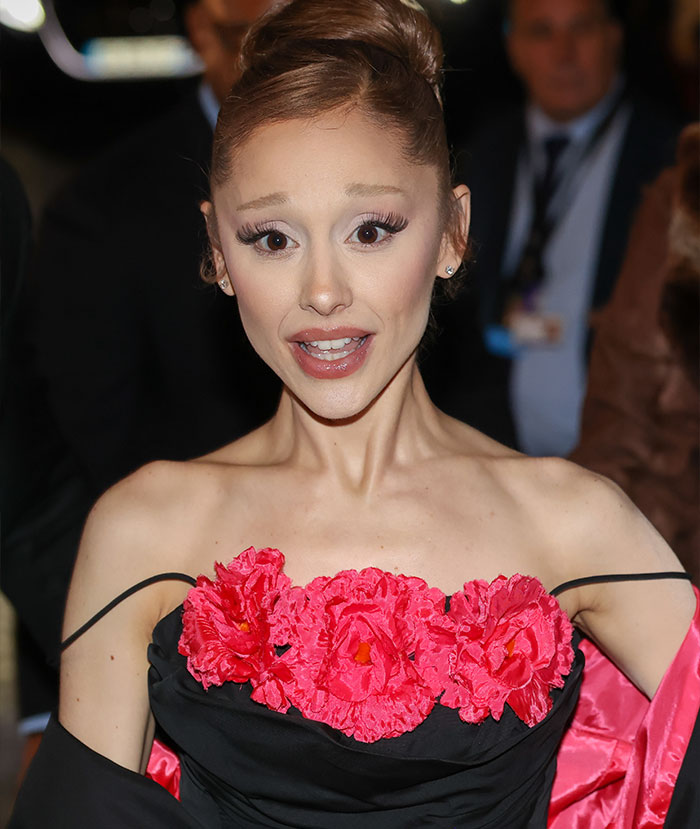 Ariana Grande pic in a black strapless dress with red floral accents, generating concern among fans.