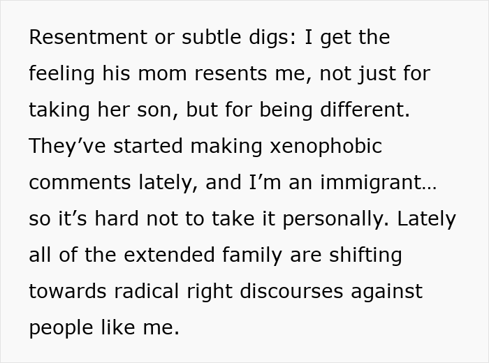 A woman feels like a third wheel in her marriage as her MIL's family expresses resentment and xenophobia. A woman feels like a third wheel in her marriage as her MIL's family expresses resentment and xenophobia.