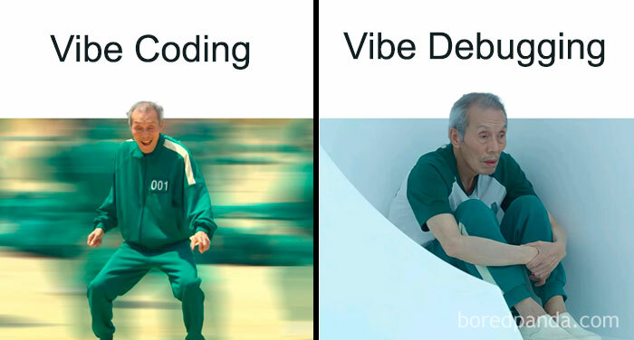 A side-by-side meme showing a man happy during Vibe Coding and sad during Vibe Debugging, a funny AI meme.