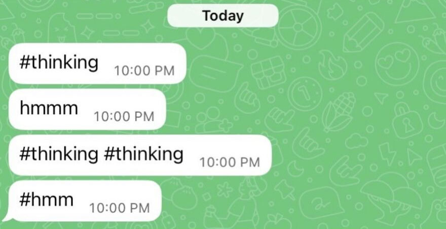 Hilariously unhinged screenshot of a chat conversation with messages like #thinking and hmmm.