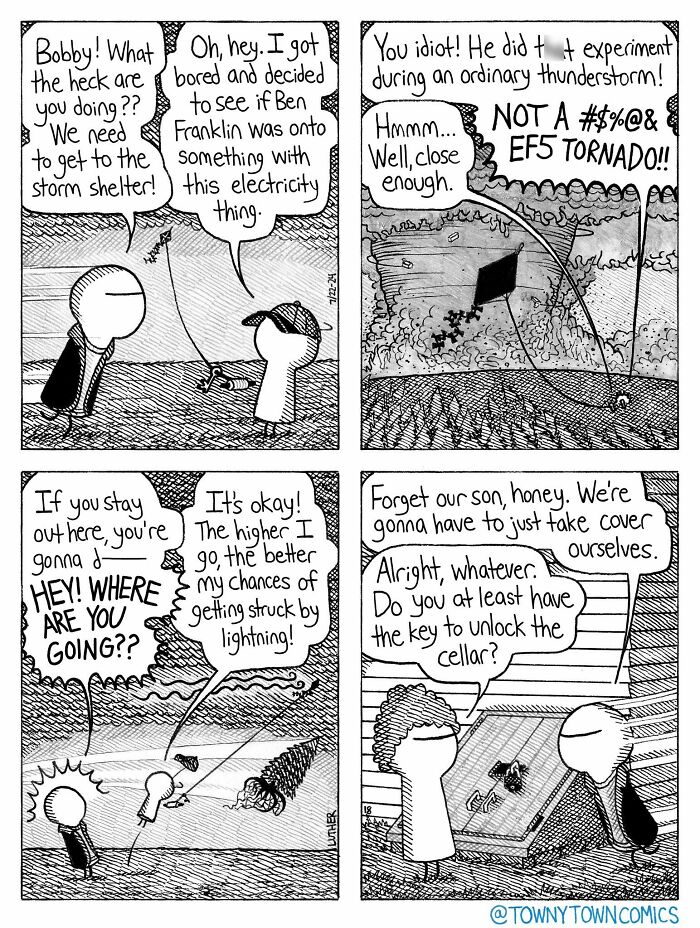 A Towny Town Comic showing a boy trying to replicate Ben Franklin's electricity experiment, resulting in a tornado in the US Midwest.