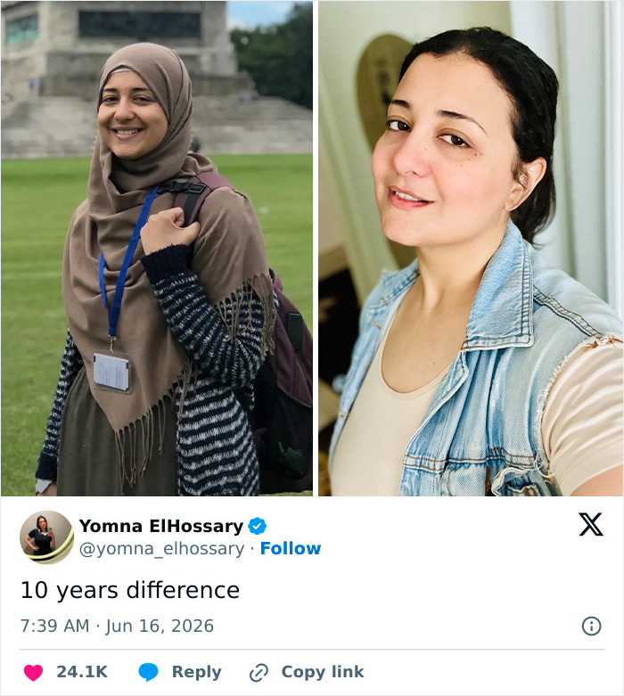 A woman in a hijab and a smiling woman without a hijab in a powerful side-by-side comparison.