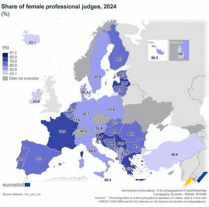 A map depicting the share of female professional judges in Europe, illustrating the varying percentages across different countries in this geography.