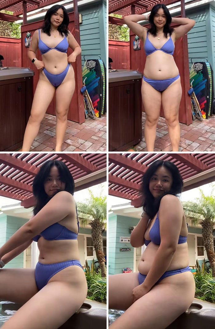 Influencer revealing Instagram vs reality body image scenarios, promoting body positivity in swimwear.