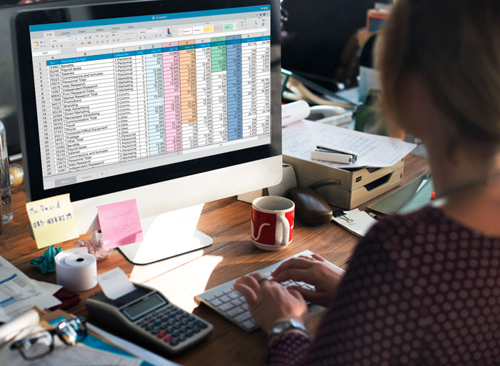 A woman working on a computer with a spreadsheet open, illustrating a typical job task.