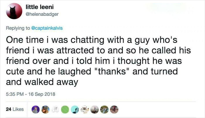 Absurd screenshot of a tweet about an embarrassing interaction, where a crush laughed and walked away.