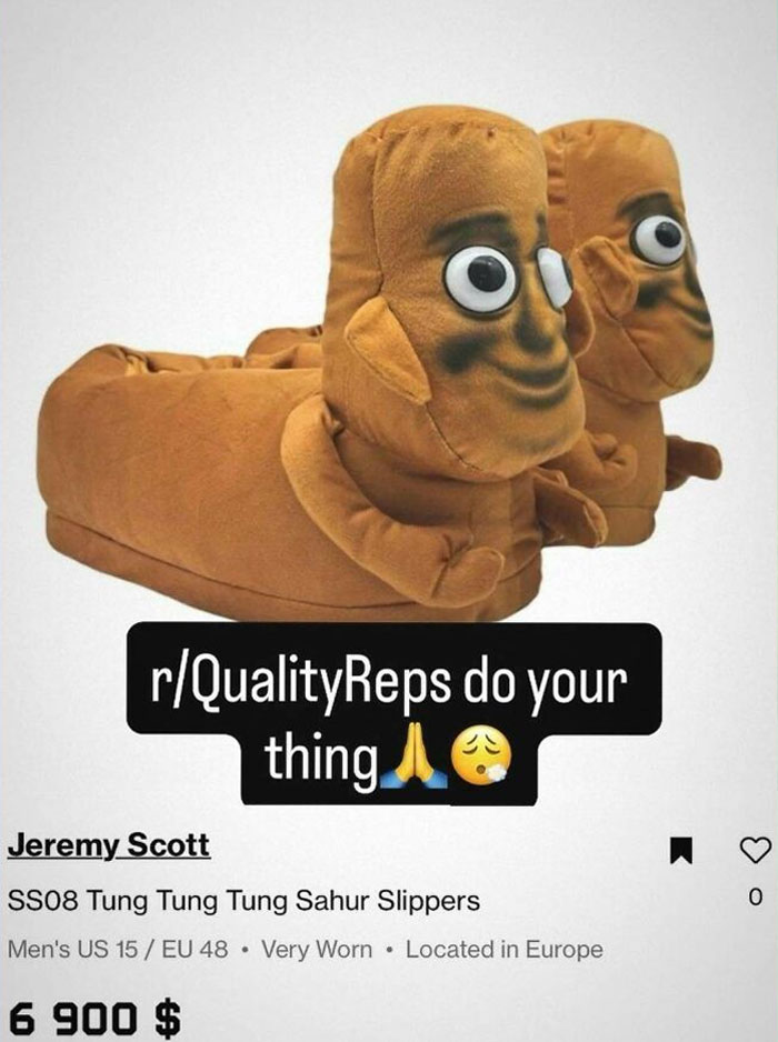 A cringe meme featuring a pair of unhinged, log-shaped slippers with cartoon eyes and dark smudges on their faces.