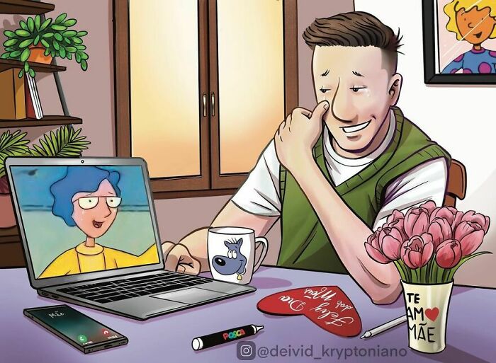 Reimagined Doug Funnie as an adult, video calling a cartoon character on a laptop, with flowers and a mug on the desk.