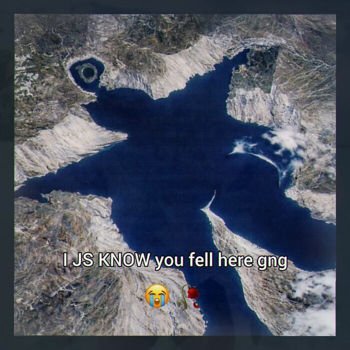 A weird meme showing a lake shaped like a person with arms and legs spread, appearing to have fallen from above.