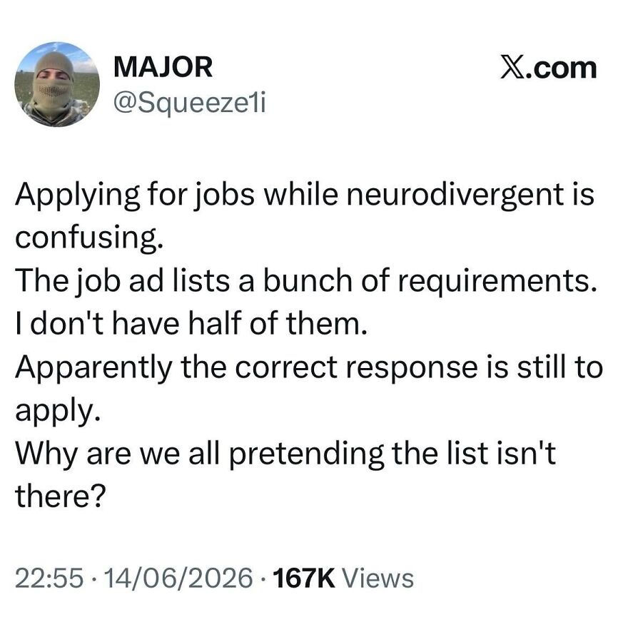 A meme for autistic people about the confusion of applying for jobs while neurodivergent.