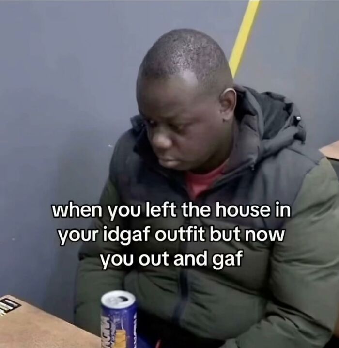 A man looking downcast, illustrating relatable feelings about outfits and entertaining memes.