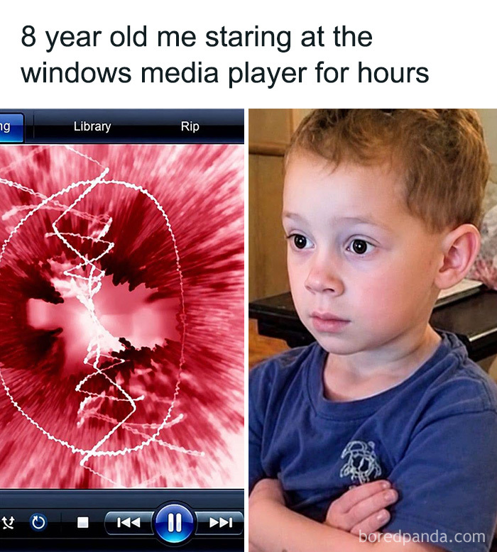 A 90s kid stares at a Windows Media Player visualizer in a throwback meme.