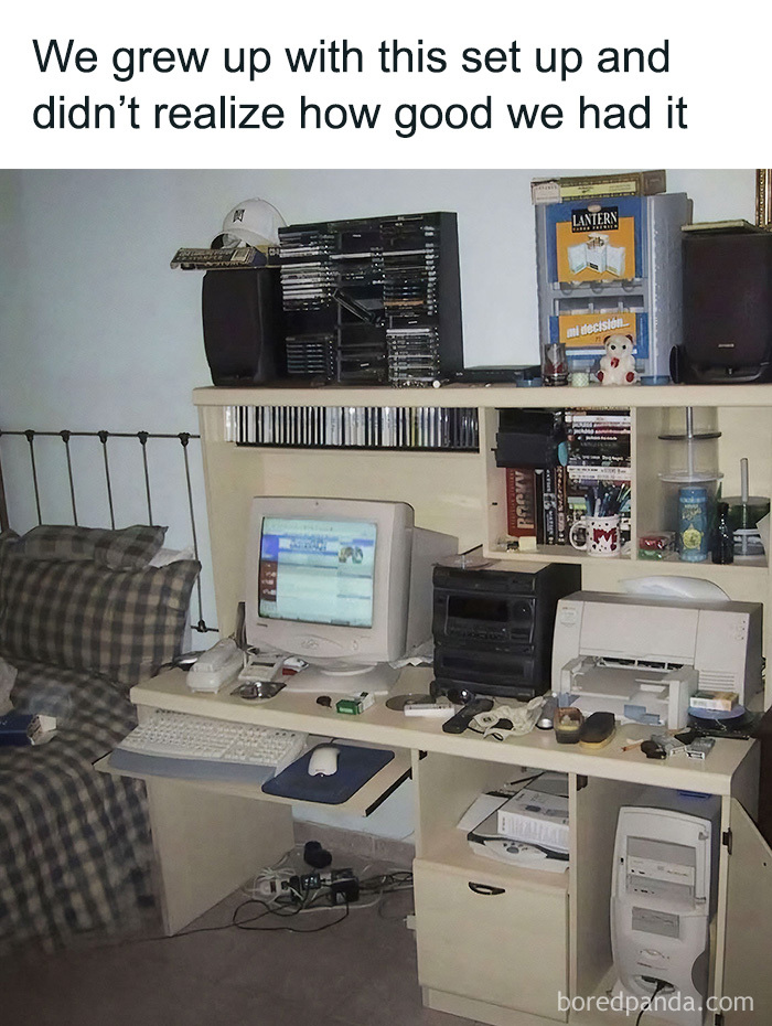 A bedroom with a vintage computer setup, creating a meme that only true '90s kids will understand.