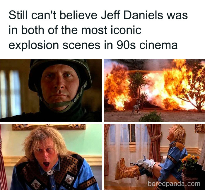 A 90s kid throwback meme featuring actor Jeff Daniels in iconic movie explosion scenes.