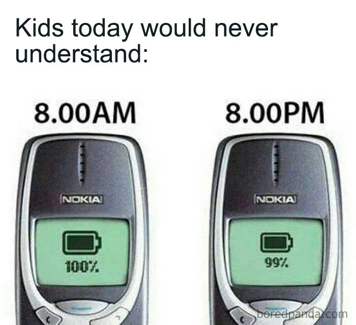 Two Nokia phones showing 100% and 99% battery, a throwback meme for 90s kids.