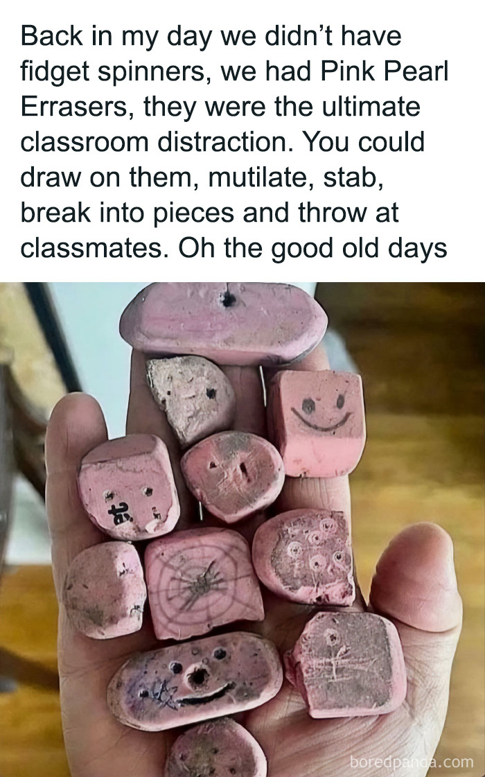 A hand holding several worn pink erasers, a nostalgic 90s kids meme about classroom distractions.