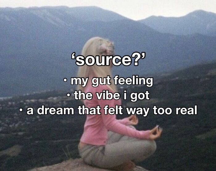 A relatable meme of a person meditating in mountains, listing unreliable sources like gut feeling, boosting morale.